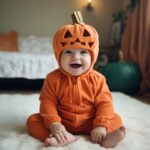 a baby dressed as a pumpkin for halloween