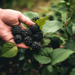 a close up photo of a hand holding blackberries from a bush