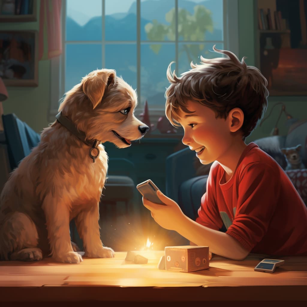 child playing pet simulator with a dog in a cartoon style