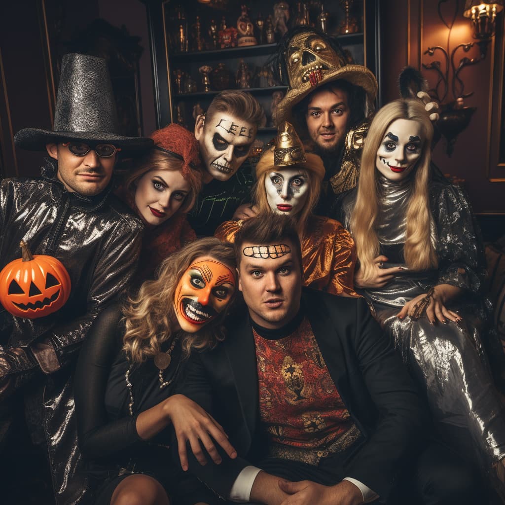 group of friends dressed in halloween costumes