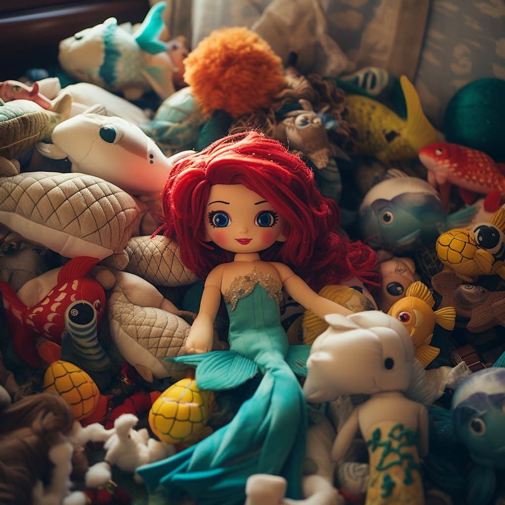 little mermaid toys in a pile on the floor of a childs room