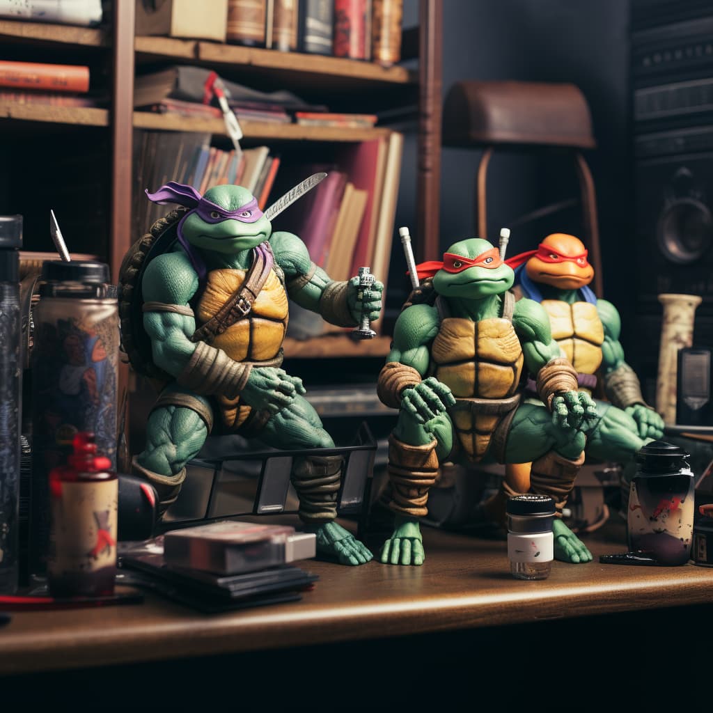 teenage ninja turtle figure toys sitting on a desk