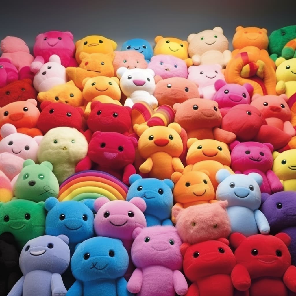 whole pile of rainbow plush toys